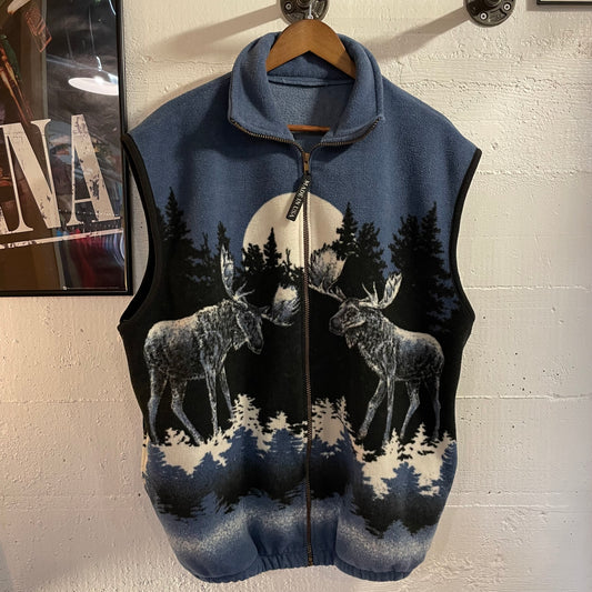 Vintage 90's All Over Print Moonlight Moose Fleece Zip-Up Vest - Size Large - Made In USA