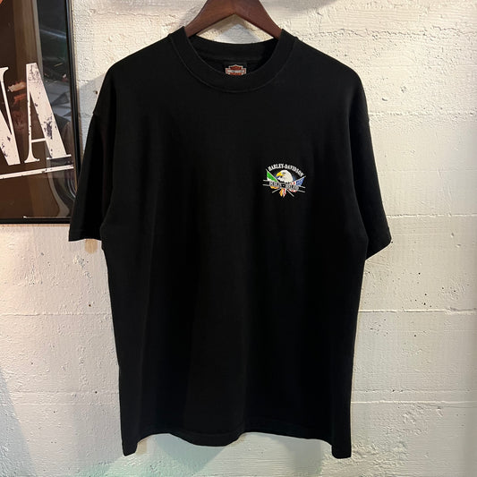 Vintage 90's Harley Davidson 'Dublin-Ireland' Multi Flag T-Shirt - Size Large - Made In The U.K. - Black