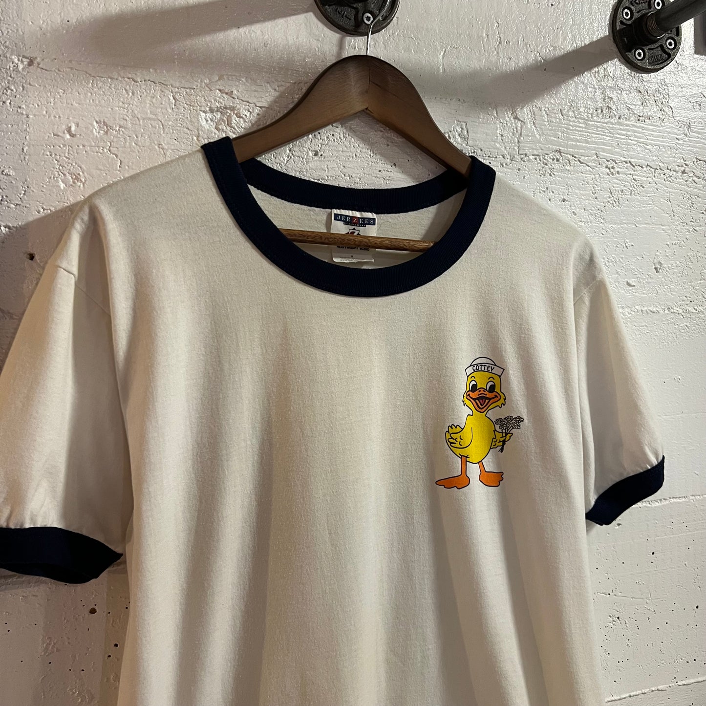 Vintage 90’s Jerzees Cottey College Duck Ringer T-Shirt - Size Medium - White/Navy