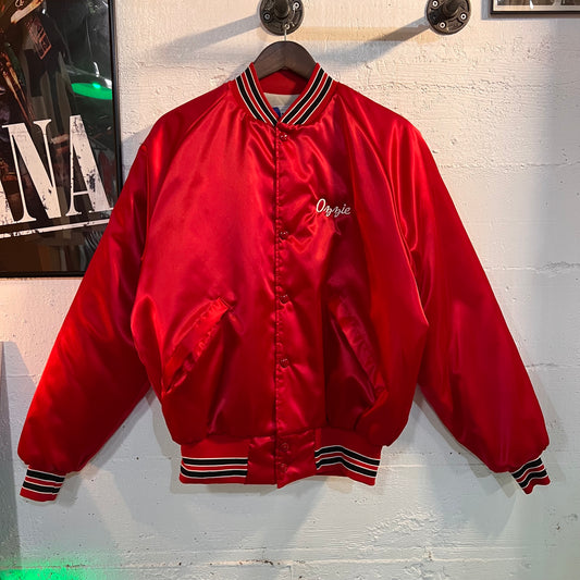 Vintage 80's Dunbrooke Pla-Jac Embroidered Satin Bomber Jacket - Size Large - Made In USA - Red/