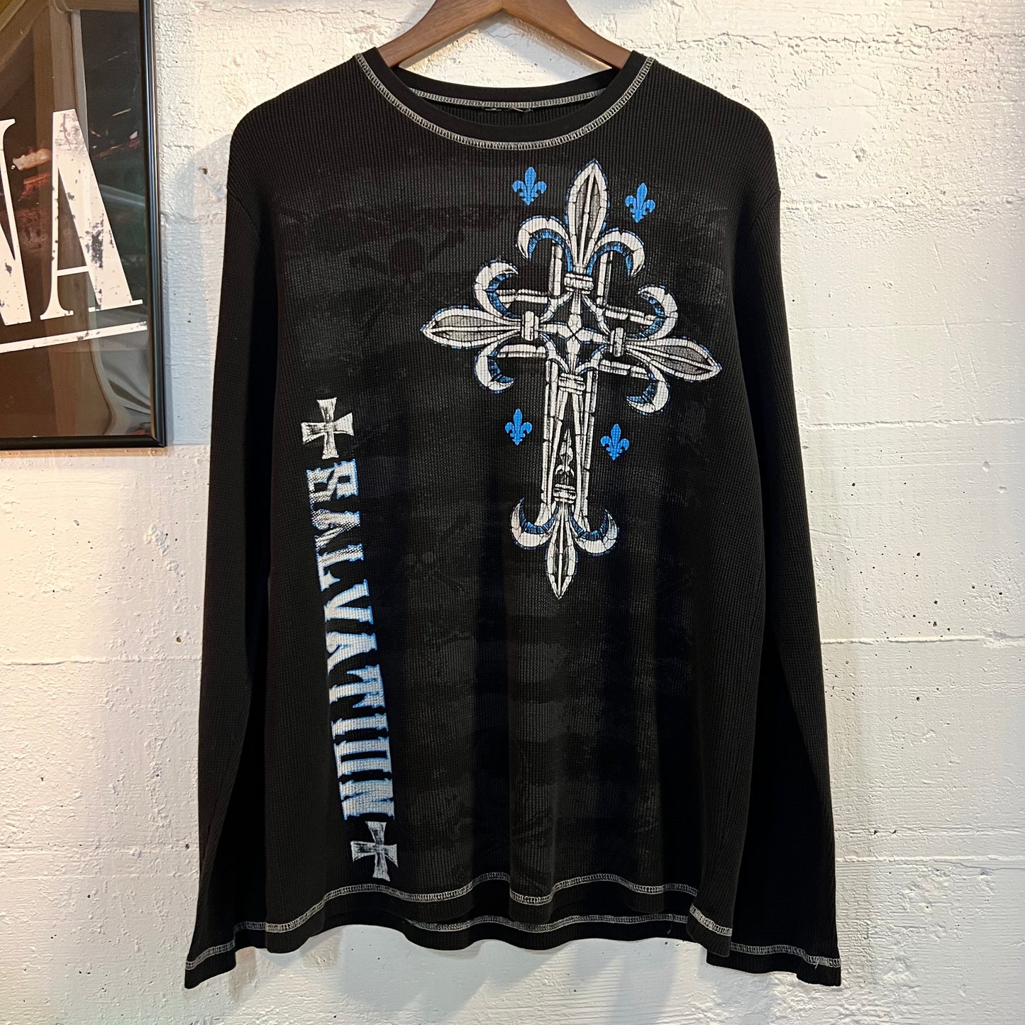 Vintage Y2K Fleur-De-Lis Salvation Cross Thermal Long Sleeve Shirt - Size Large - Black/Blue