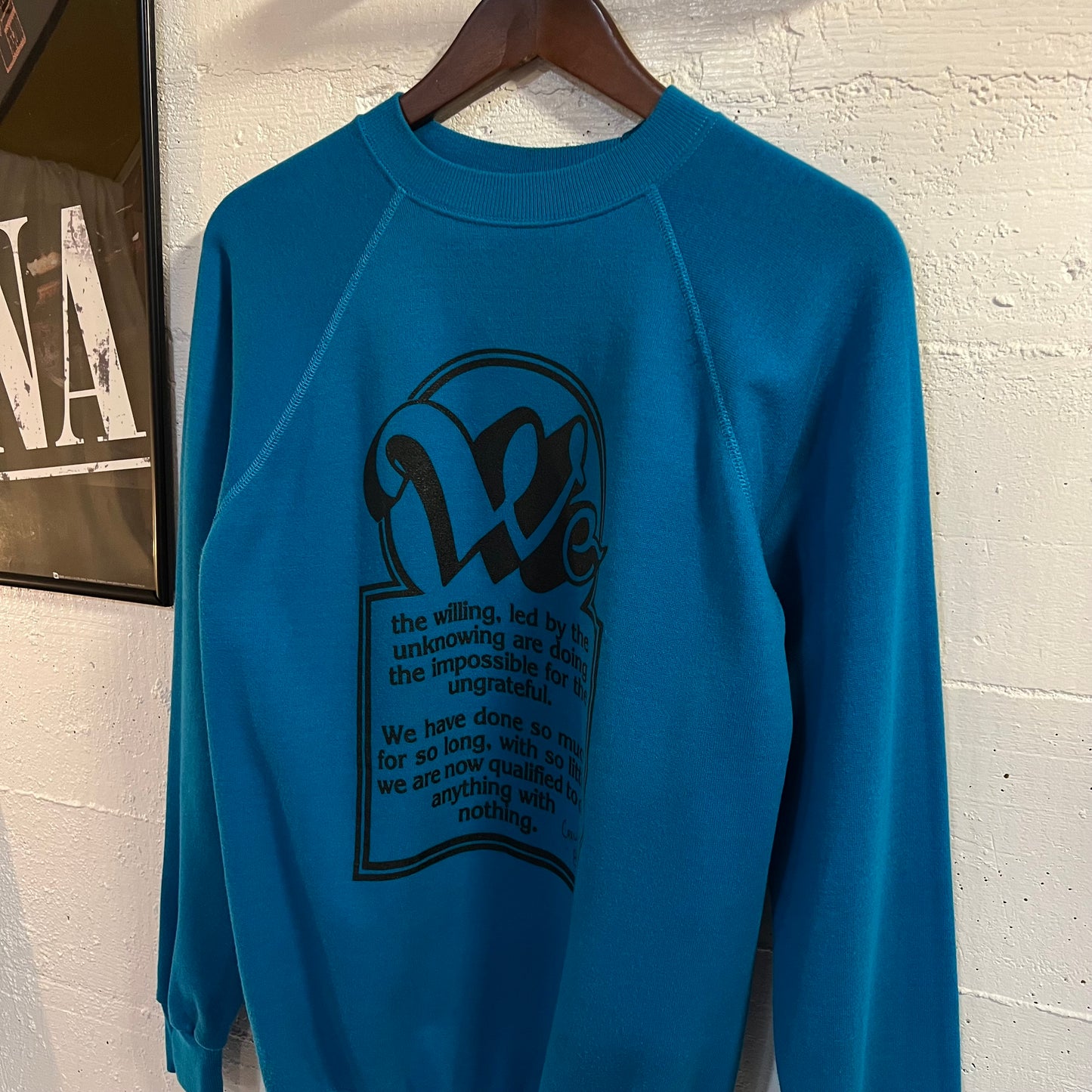 Vintage 80’s ‘Crew Of 89’ Raglan Sleeve Crewneck Sweatshirt - Size Medium - Made In USA - Turquoise/Black