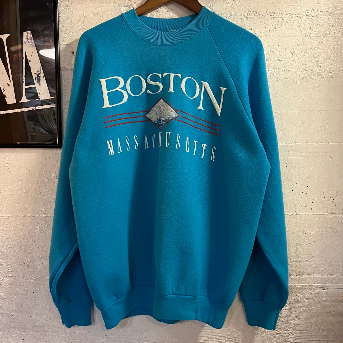 Vintage 90’s Boston Massachusetts Puff Print Raglan Sleeve Crewneck Sweatshirt - Size XL - Made In USA - Blue/White/Red
