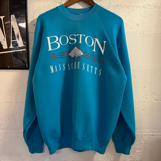 Vintage 90’s Boston Massachusetts Puff Print Raglan Sleeve Crewneck Sweatshirt - Size XL - Made In USA - Blue/White/Red