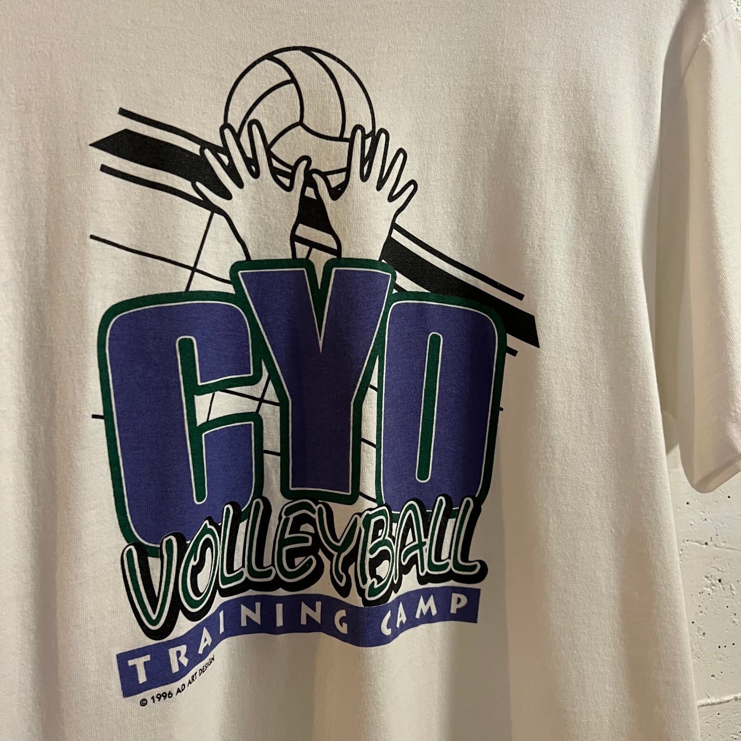 Vintage 1996 CYO Volleyball Training Camp Single Stitch T-Shirt - Size Medium - Made In USA - White/Black/Purple/Green