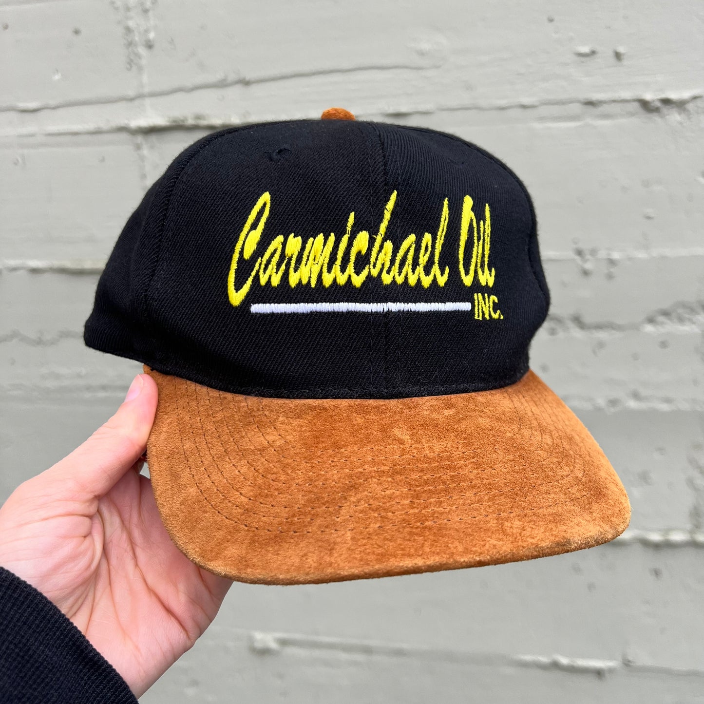 Vintage Embroidered Carmichael Oil Inc. Snap Back W/ Leather Bill Hat - One Size Fits Most - Black/Yellow/White/Brown