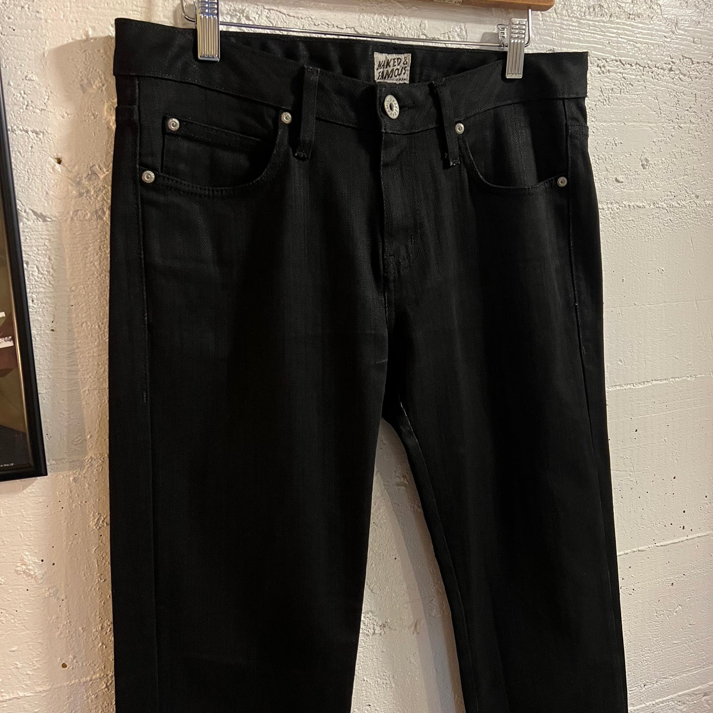 Pre-Owned Naked & Famous Denim Skinny Guy 'Black Power Stretch' Denim Jeans - Size 32" x 29" - Made In Canada - Black