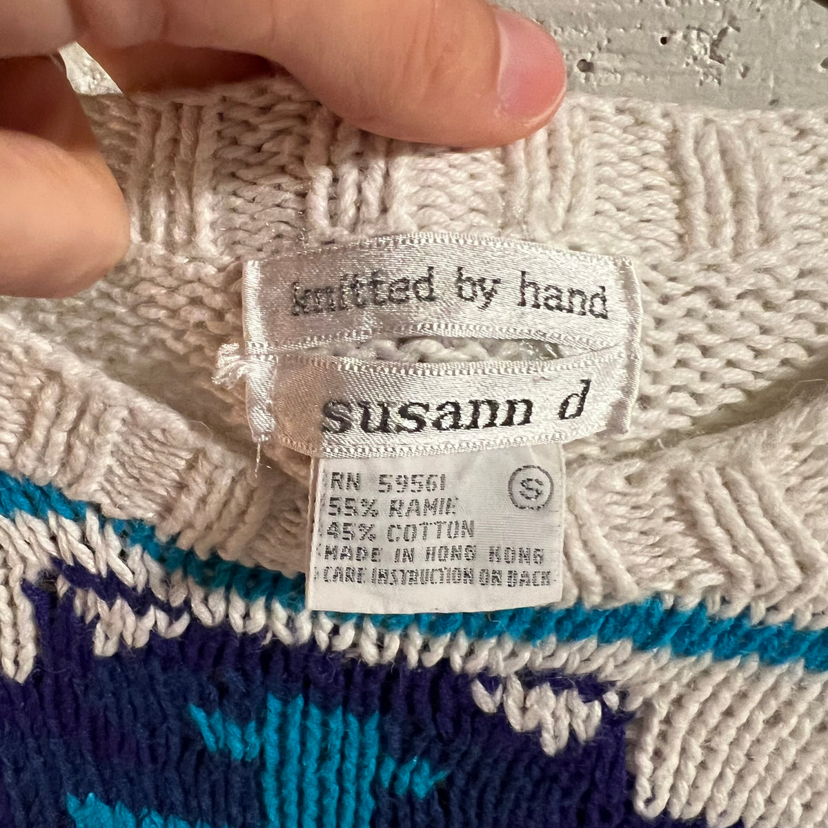 Vintage Handmade By Susann D. Southwestern Knitted Sweater - Size Small - White/Blue/Turquoise/Green