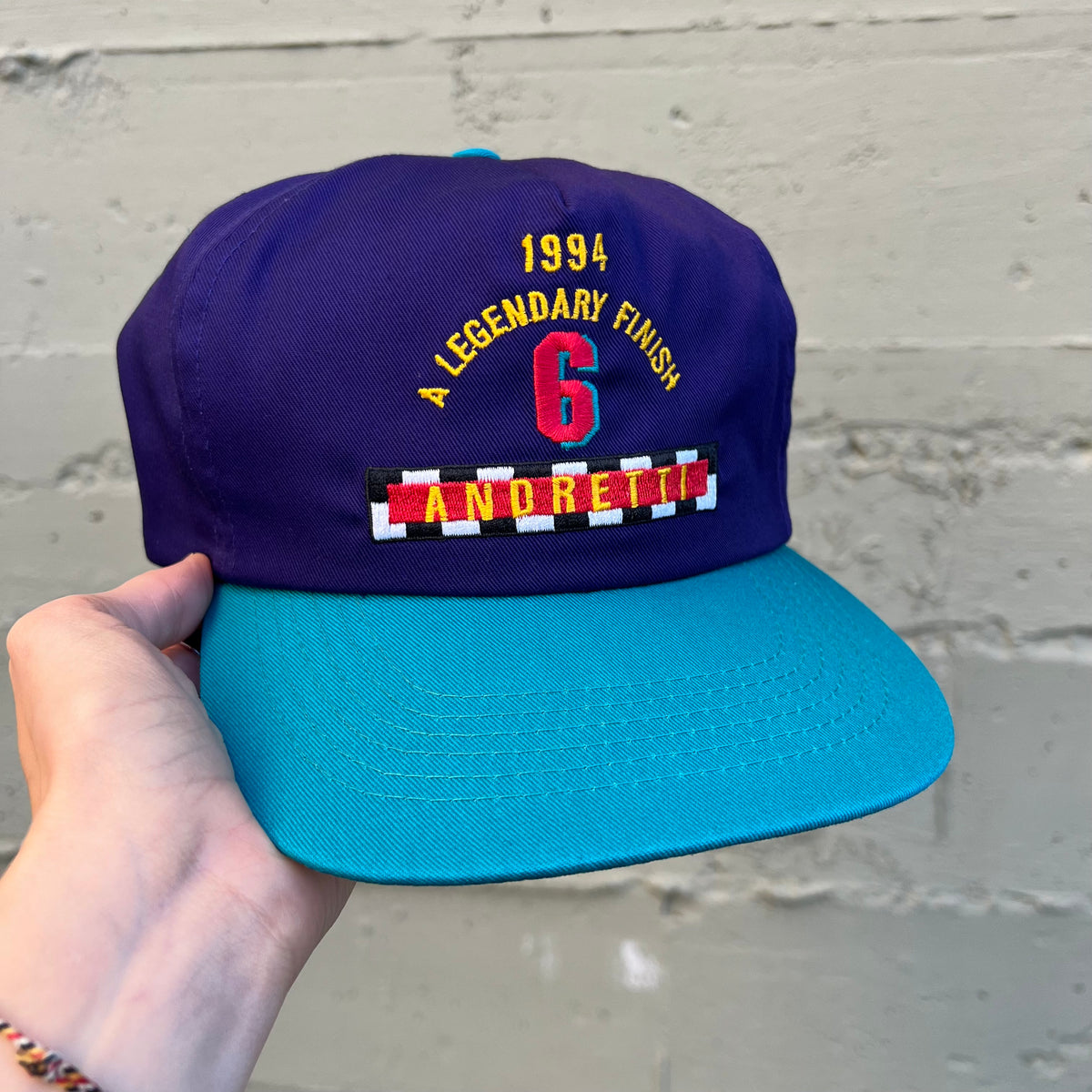 Vintage 1994 Mario Andretti #6 Texaco Racing 'A Legendary Finish' Embroidered 2-Tone Snapback Hat - O/S - Purple/Teal