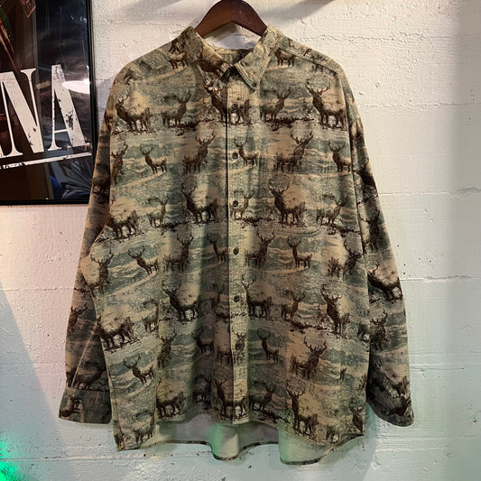 Vintage Y2K Cabela's All Over Deer Print Chamois Cloth Button Down Shirt - Size 3XL - Olive/Beige