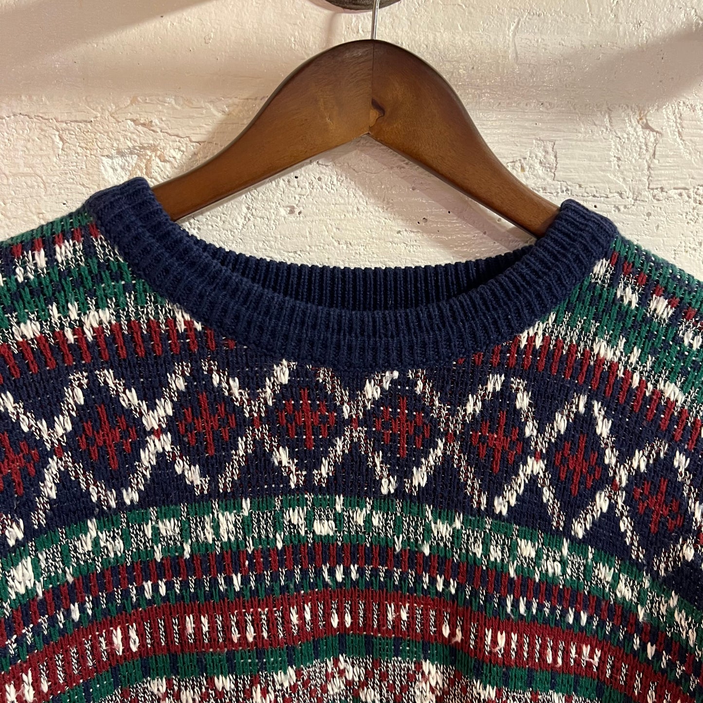 Vintage 80’s/90’s The Men’s Store At Sears Abstract Patterned Knitted Sweater - Size Large - Navy/Red/White/Green