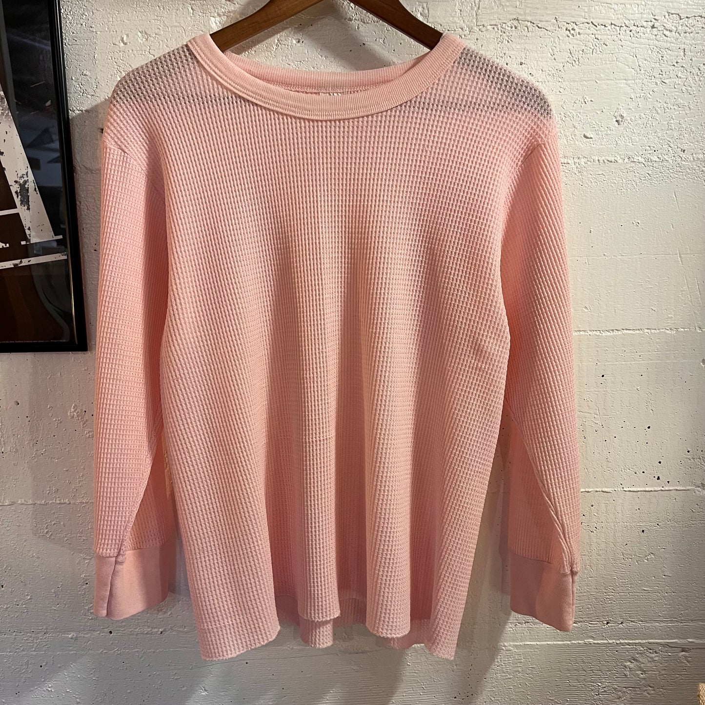 Vintage Pink Waffle Knit Thermal Shirt - Size 44/46 (XL) - Made In USA - Pink