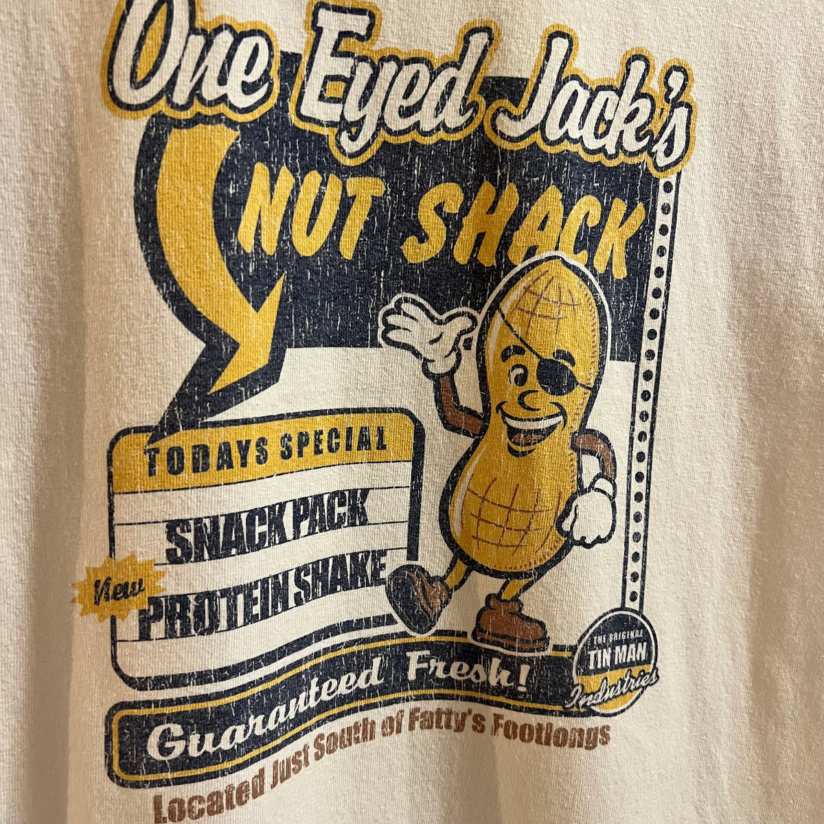 Vintage Late 90’s Funny ‘One Eyed Jack’s Nut Shack’ Graphic Ringer T-Shirt - Size Medium - White/Black/Multi
