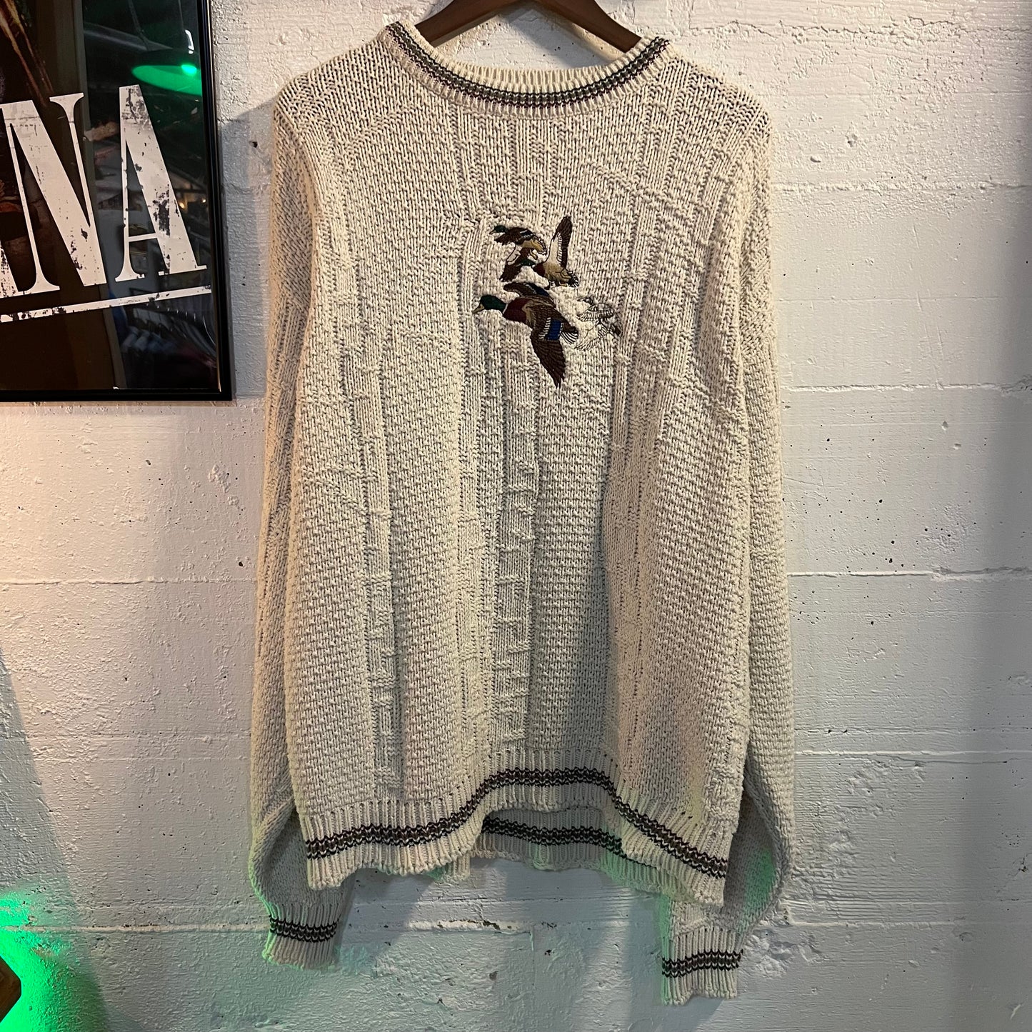 Vintage 90's Croft & Barrow Heavy Knit Cotton Duck Sweater - Size XL - Made In USA - Cream/Maroon/Teal