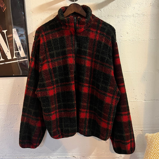 Vintage 90’s Black Pack Buffalo Check Plaid 1/4 Zip Fleece Jacket - Size Large - Made In USA - Red/Black/Grey