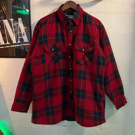 Vintage 90's Quilted Heavyweight Plaid Flannel Overshirt - Size Large - Maroon/Navy Plaid