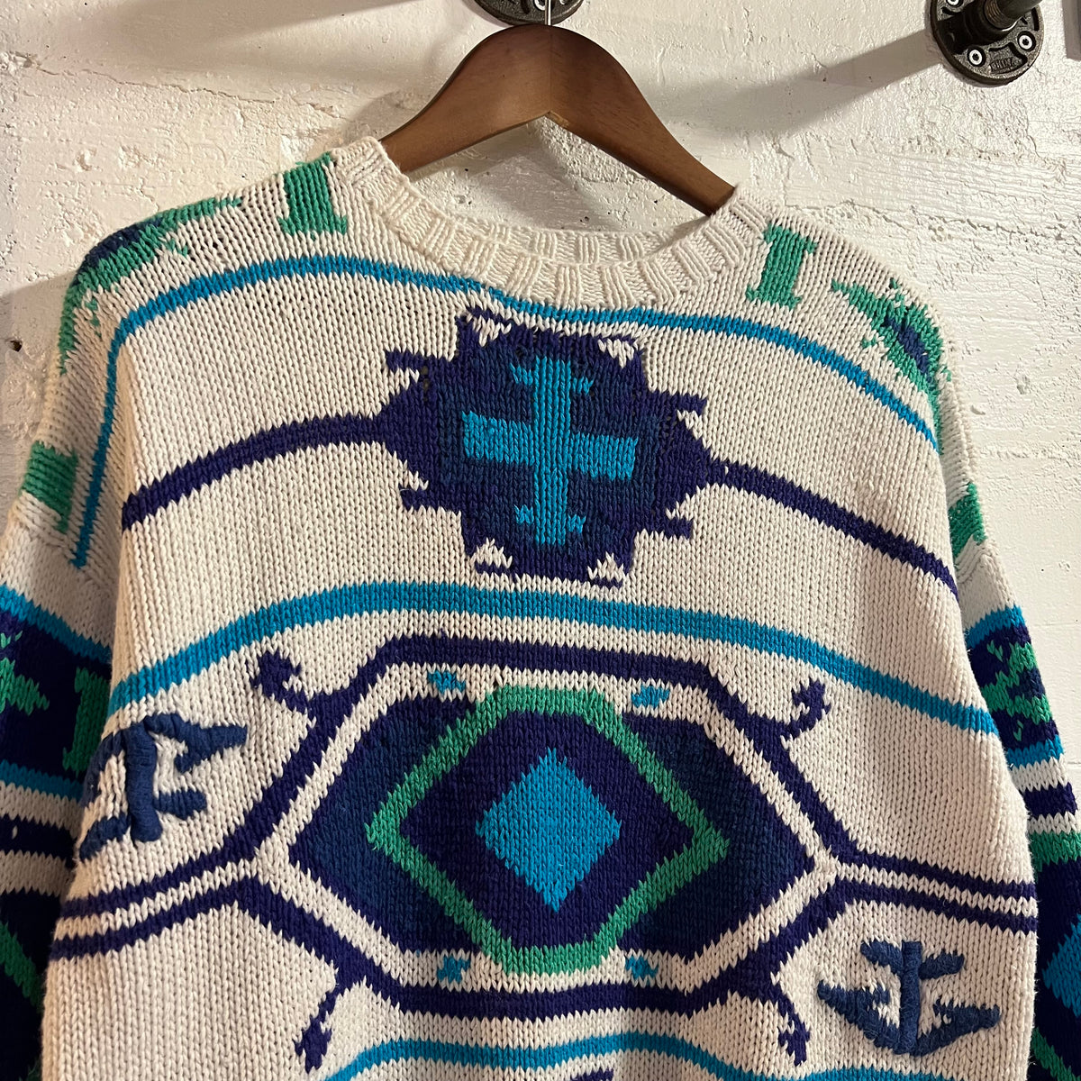 Vintage Handmade By Susann D. Southwestern Knitted Sweater - Size Small - White/Blue/Turquoise/Green