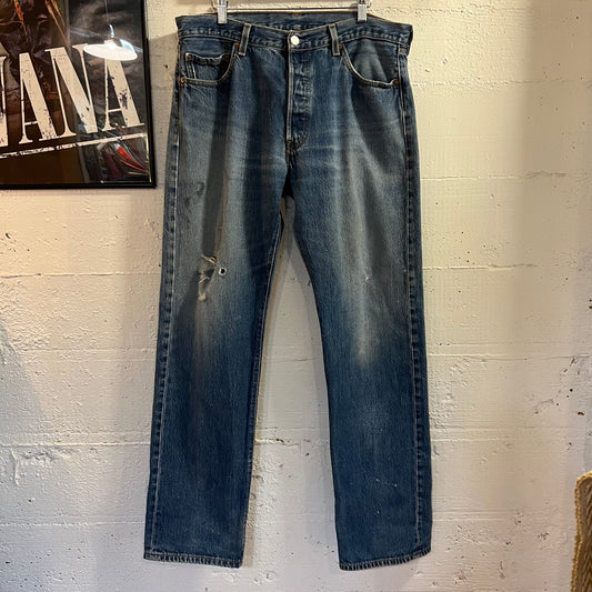 Vintage Distressed 2000's Levi's 501-0115 - Size 35" x 33" - Made In Guatemala - Mid Wash Indigo