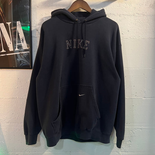 Vintage 90's Nike Spellout Embroidered 'Tracing' Distressed Hoodie Sweatshirt - Size Large - Made In USA - Navy