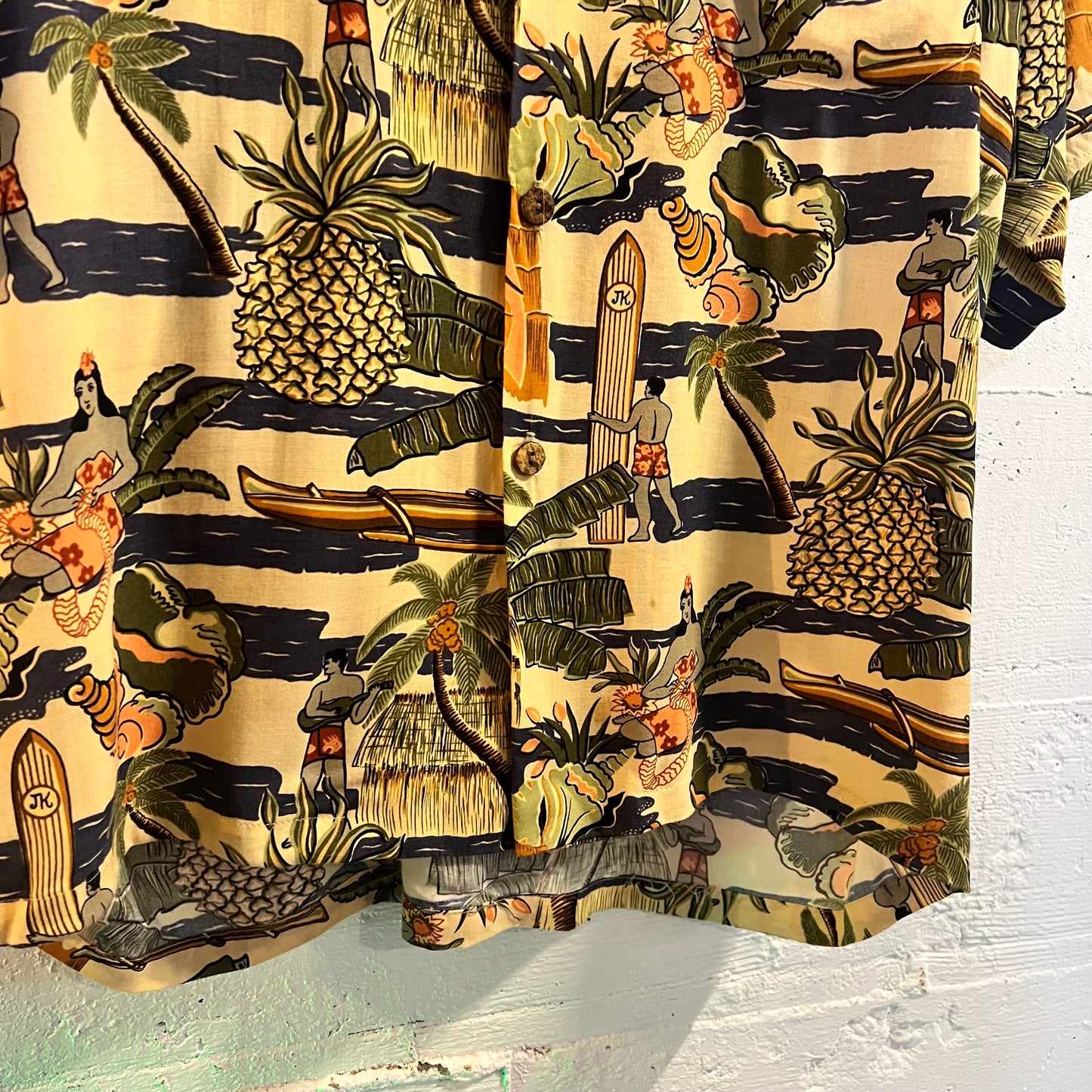 Vintage Joe Kealoha Hula Girl Surfer Rayon Aloha Shirt - Size Medium - Made In USA - 100% Rayon