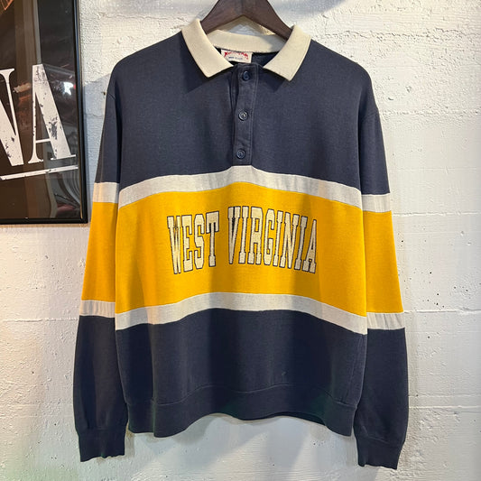 True Vintage Nutmeg Mills West Virginia Striped Henley Collard Crewneck Sweatshirt - Size Large - Made In USA - Blue/White/Yellow