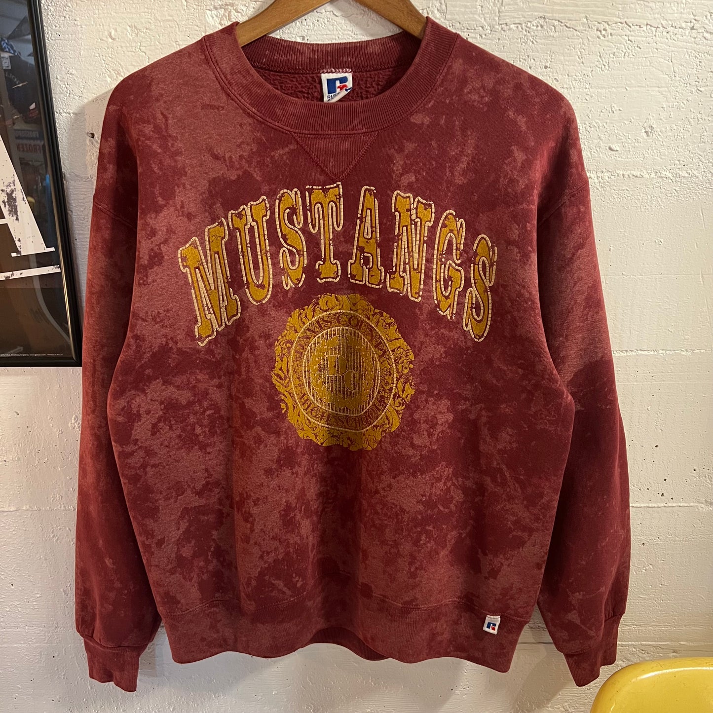 Vintage 90’s Davis County High School Mustangs Acid Washed Puff Print Crewneck Sweatshirt - Size Large - Made In USA - Maroon/Yellow