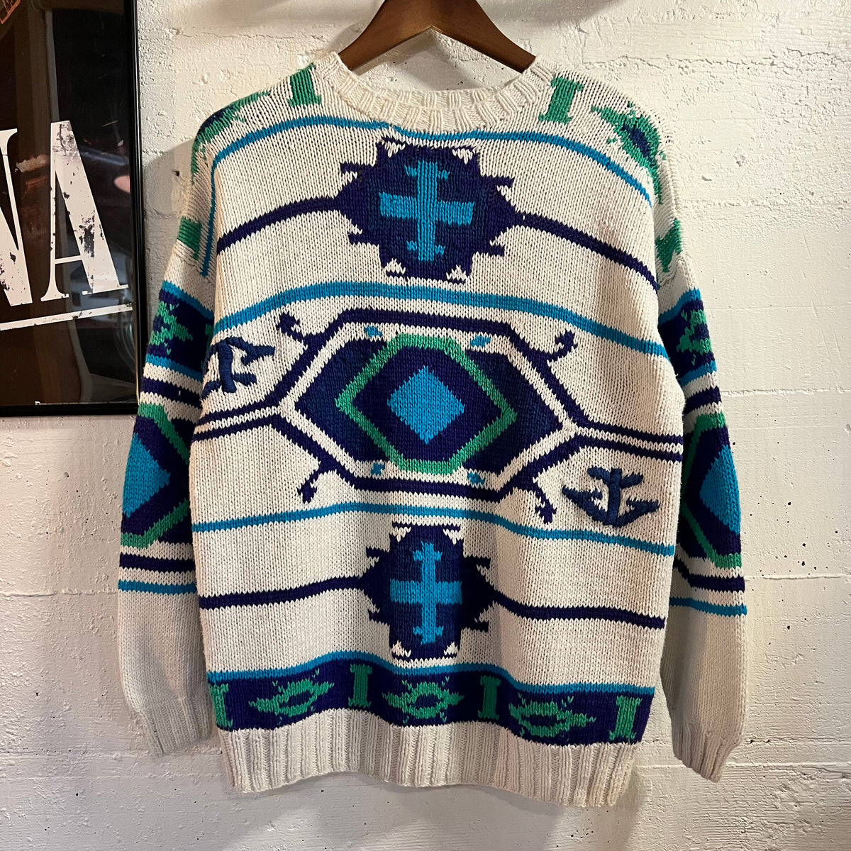 Vintage Handmade By Susann D. Southwestern Knitted Sweater - Size Small - White/Blue/Turquoise/Green
