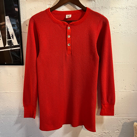 Vintage 80’s J.E.Morgan’s Long John’s Waffle Knit Long Sleeve Henley Thermal Shirt - Size Large - Made In USA - Red