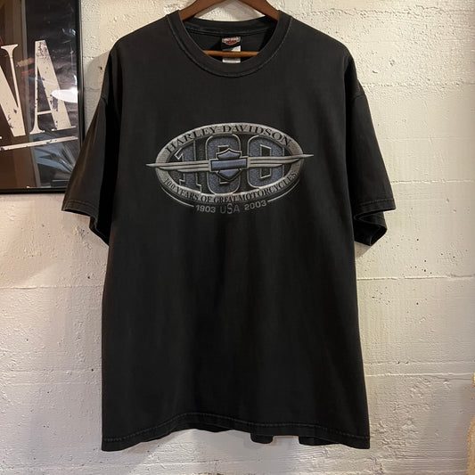Vintage 2003 Harley Davidson ‘100 Years’ Walter’s Bros. Peoria, IL Graphic T-Shirt - Size XL - Made In USA - Black/Multicolor