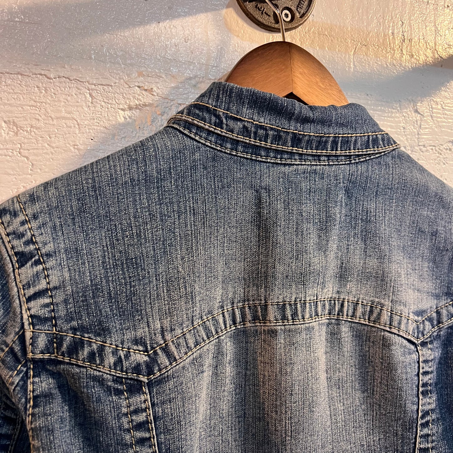 Vintage Hydraulic Button-Up Cropped Jean Jacket - Size Medium - Denim/Orange