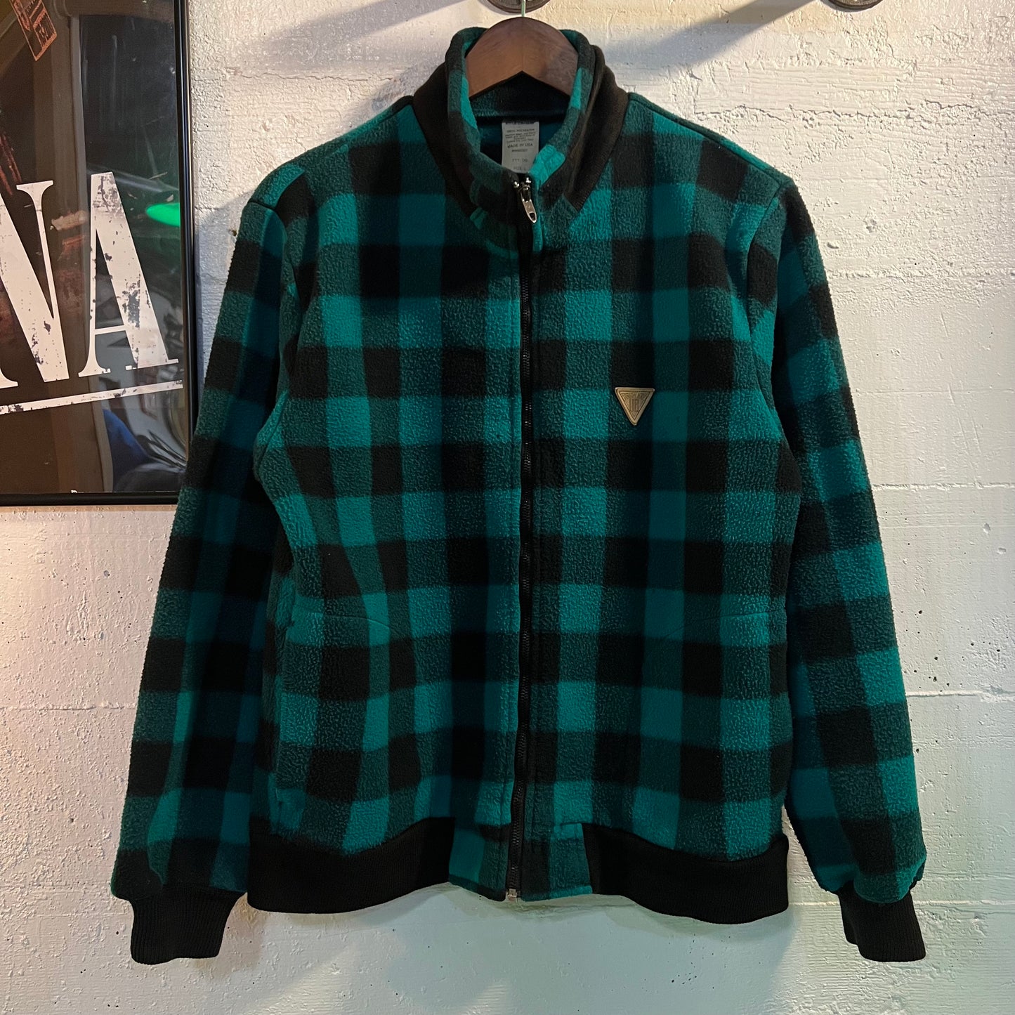 Vintage 90's Union Bay Buffalo Plaid Zip-Up Fleece Jacket - Size Large - Made In USA - Teal/Black