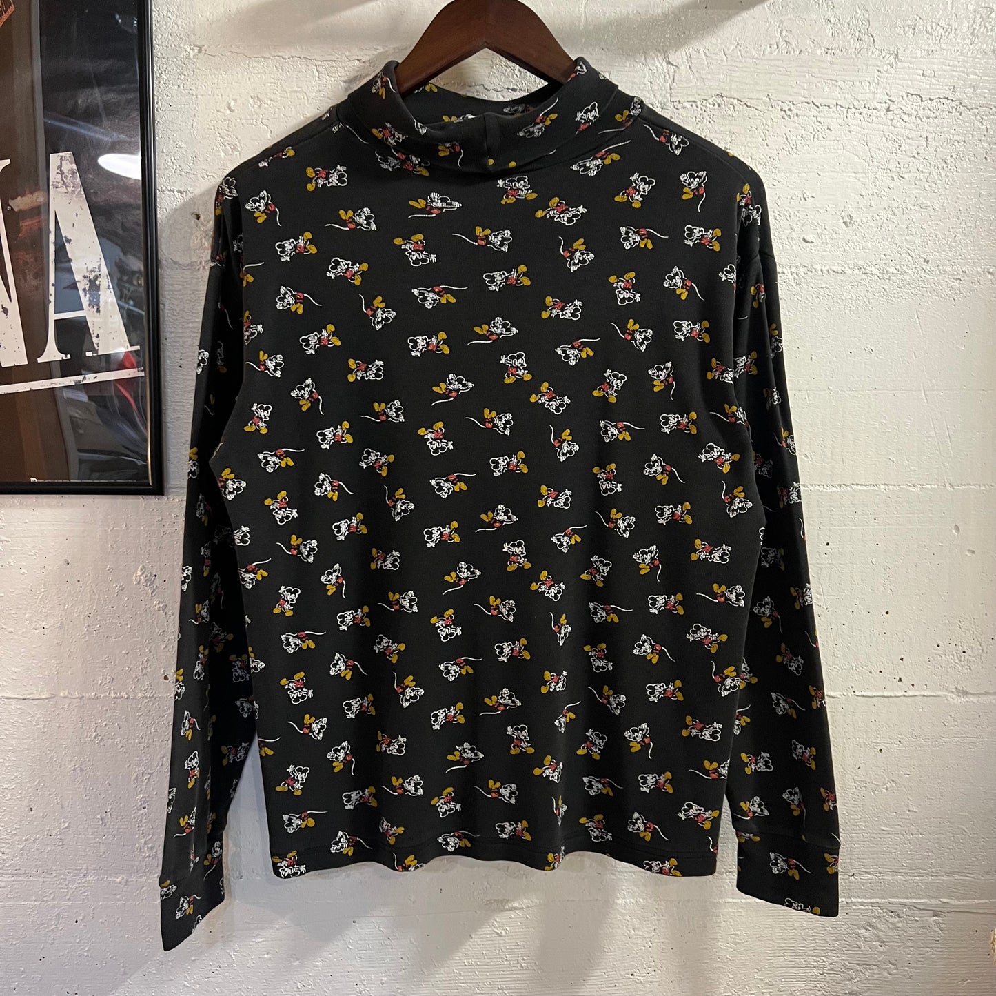 Vintage 80’s Disney Mickey Mouse All Over Print Long Sleeve Turtle Neck Shirt - Size Small - Black/White/Red/Yellow