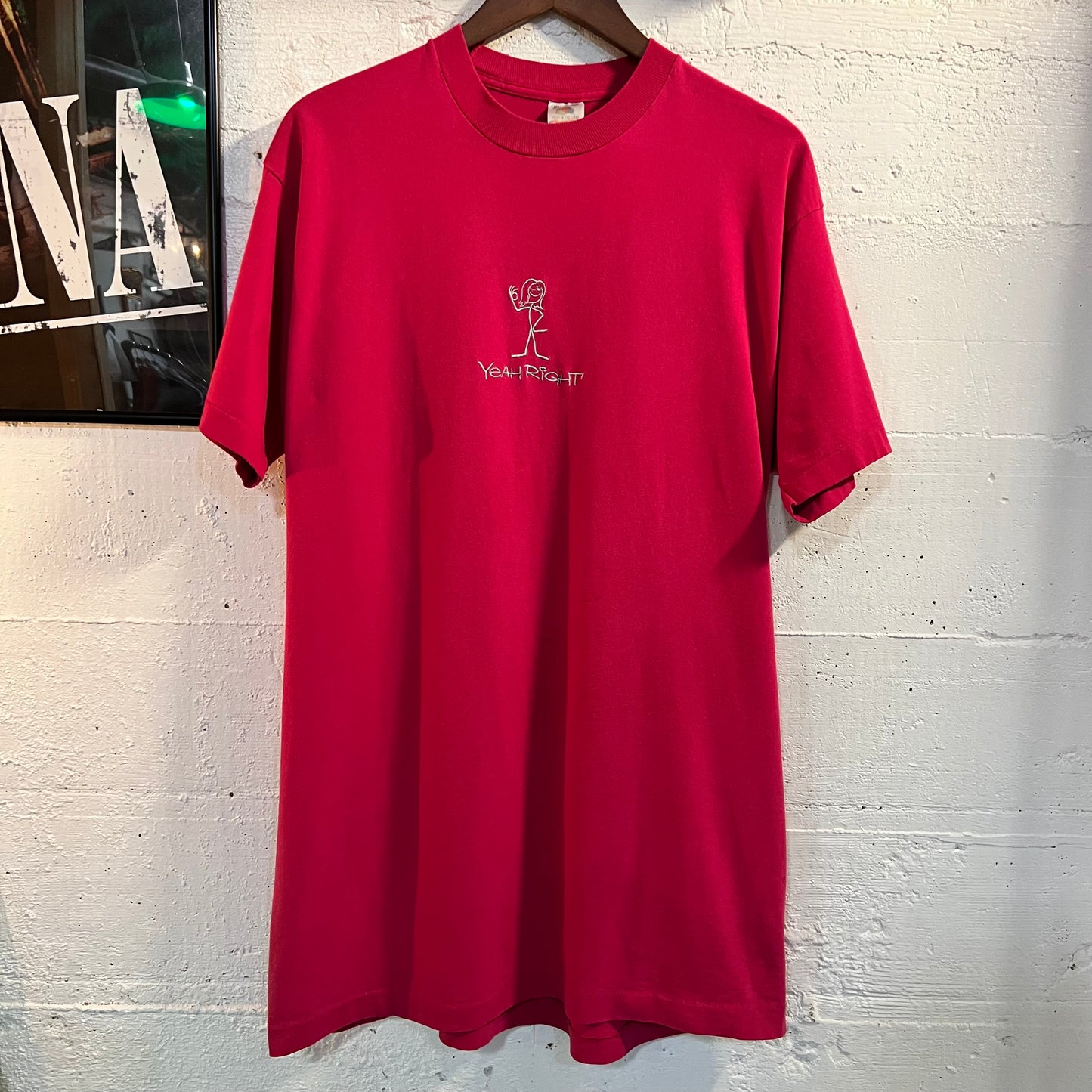 Vintage 90's Embroidered Stick World 'Yeah Right' Girl Single Stitch T-Shirt - Size XL - Made In USA - Pink/Baby Blue
