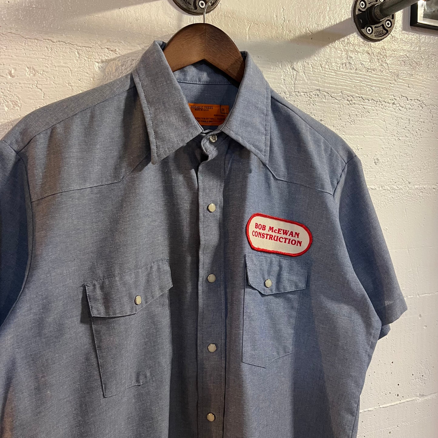 Vintage 70's/80's Red Kap Short Sleeve Chambray Western Yoke Pearl Snap Work Shirt - Size Large - Made In USA - Light Blue