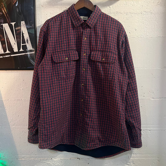 Vintage L.L. Bean Fleece Lined Plaid Flannel Shirt Jacket - Size Large - Made In USA - Red/Blue