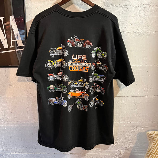 Vintage 1996-97 Motorcycle ‘Life Is Full Of Important Choices’ Graphic T-Shirt - Size XL - Black/Multi