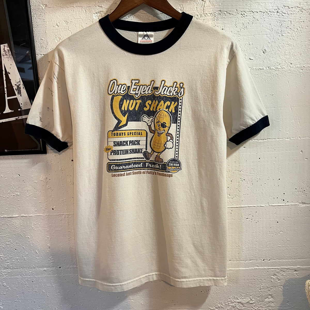 Vintage Late 90’s Funny ‘One Eyed Jack’s Nut Shack’ Graphic Ringer T-Shirt - Size Medium - White/Black/Multi
