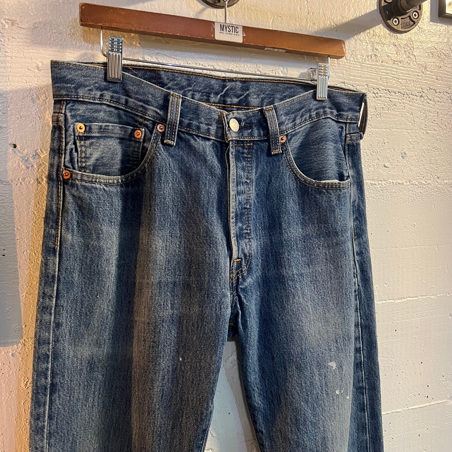 Distressed Levi's 501 Medium Stonewash Denim Jean - Size 32"x34" - Light Blue Indigo