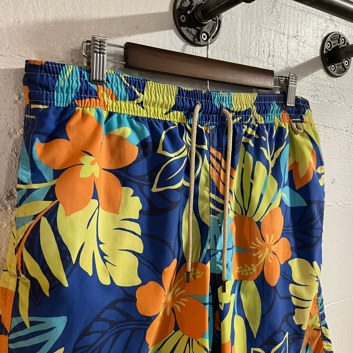 Polo Ralph Lauren Swimwear Tropical Floral Print Swim Trunks - Size Medium - Blue/Orange/Chartreuse