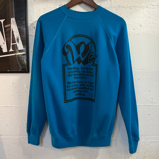 Vintage 80’s ‘Crew Of 89’ Raglan Sleeve Crewneck Sweatshirt - Size Medium - Made In USA - Turquoise/Black