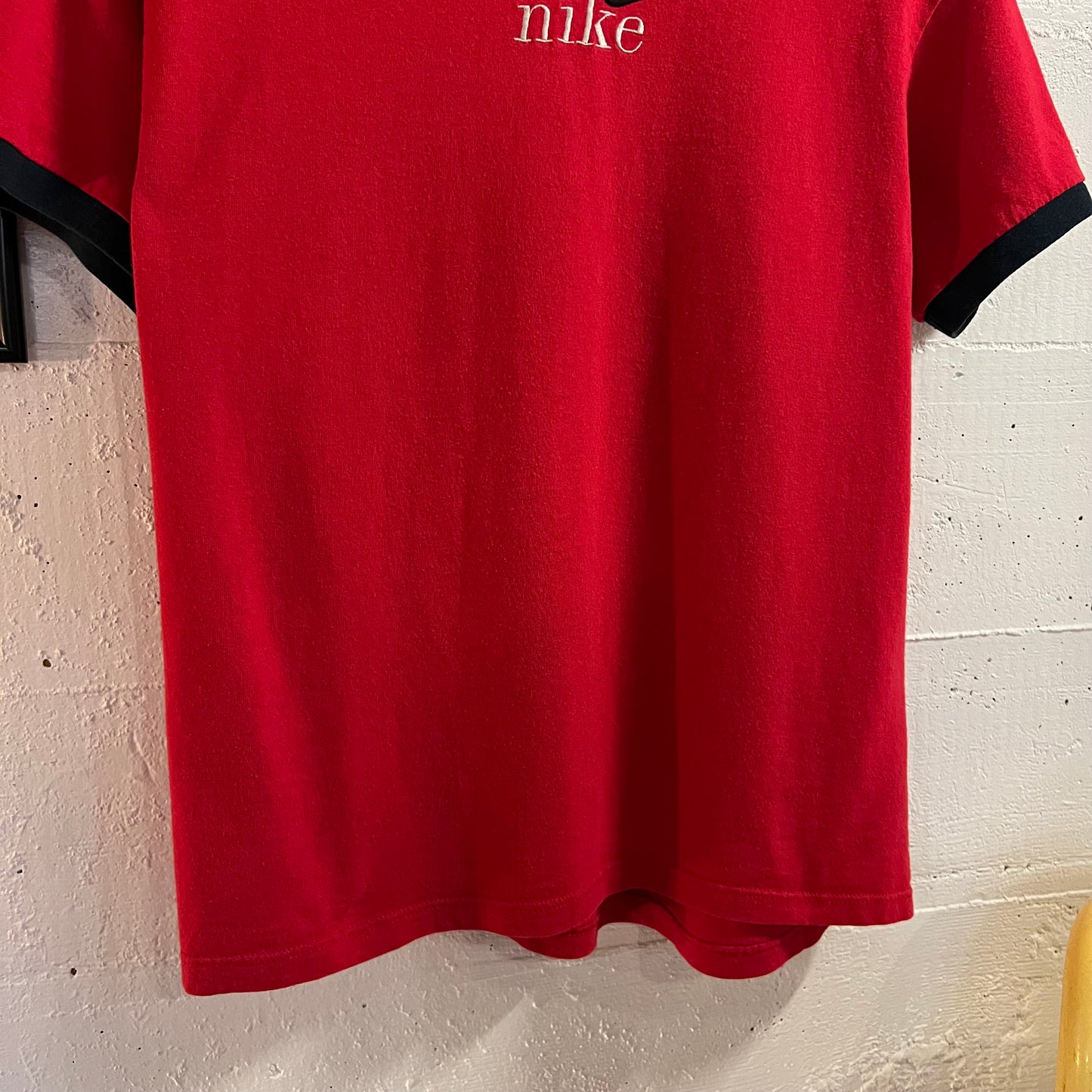 Vintage 90’s Embroidered Nike V-Neck Ringer Baby Tee - Size Medium - Made In USA - Red/Black/White