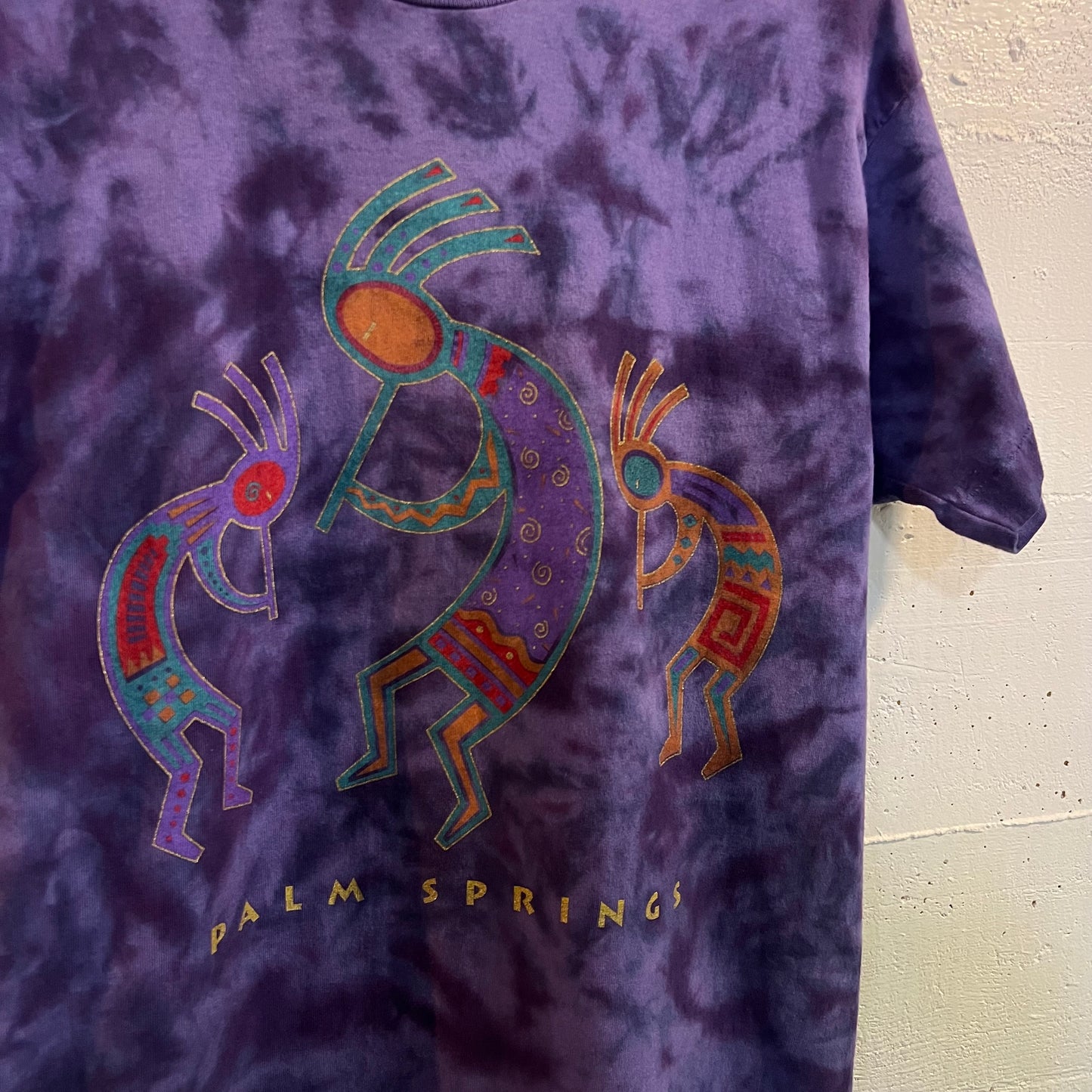 Vintage Palm Springs Kokopelli Tie Dye Single Stitch T-Shirt - Size Medium - Made In USA - Purple/Multicolor