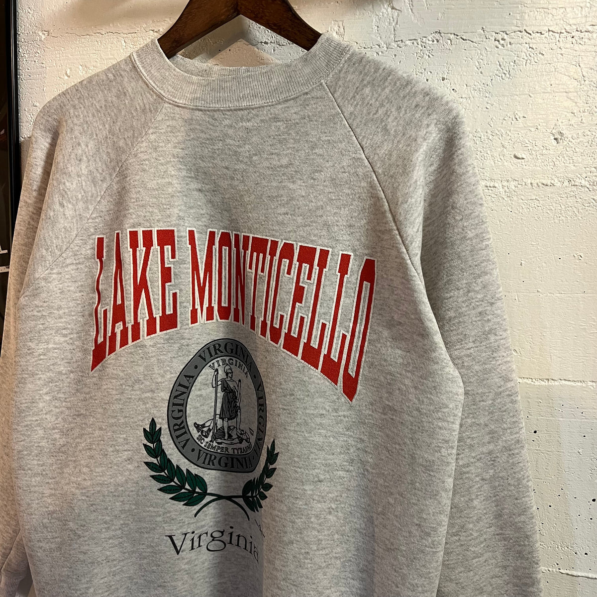 Vintage 1992 Lake Monticello, Virginia Raglan Sleeve Crewneck Sweatshirt - Size Medium - Made In USA - Heather Grey/Red/Multi