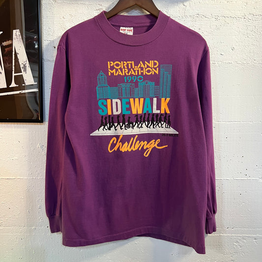 Vintage 90’s Portland Marathon Sidewalk Challenge Long Sleeve Single Stitch T-Shirt - Size Medium - Made In USA - Purple/Orange/Turquoise/White