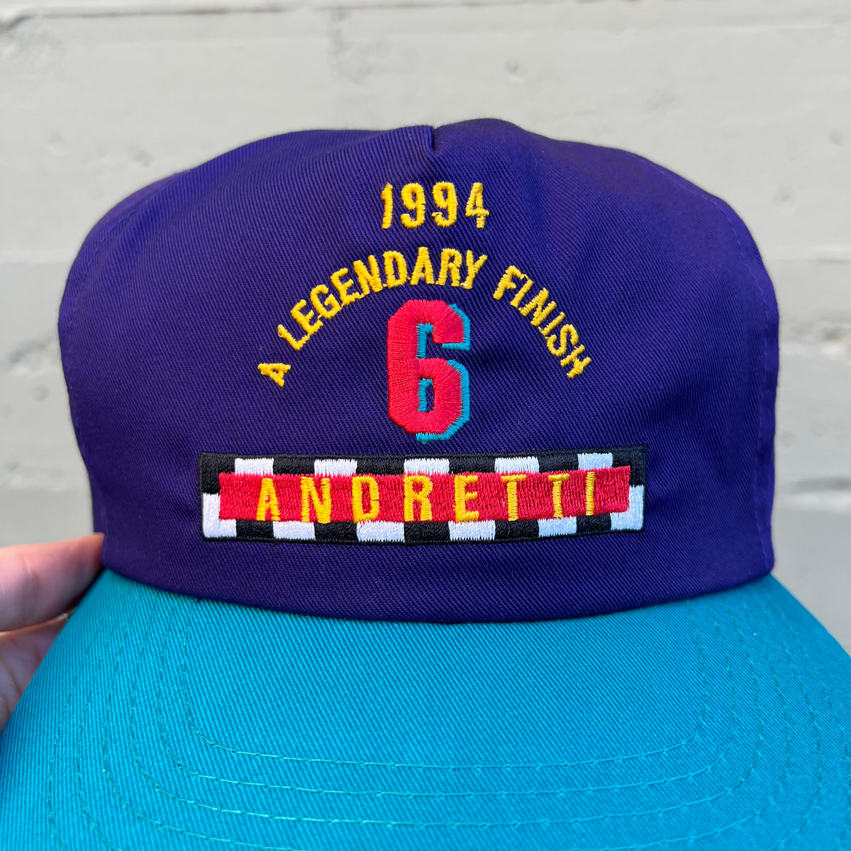 Vintage 1994 Mario Andretti #6 Texaco Racing 'A Legendary Finish' Embroidered 2-Tone Snapback Hat - O/S - Purple/Teal