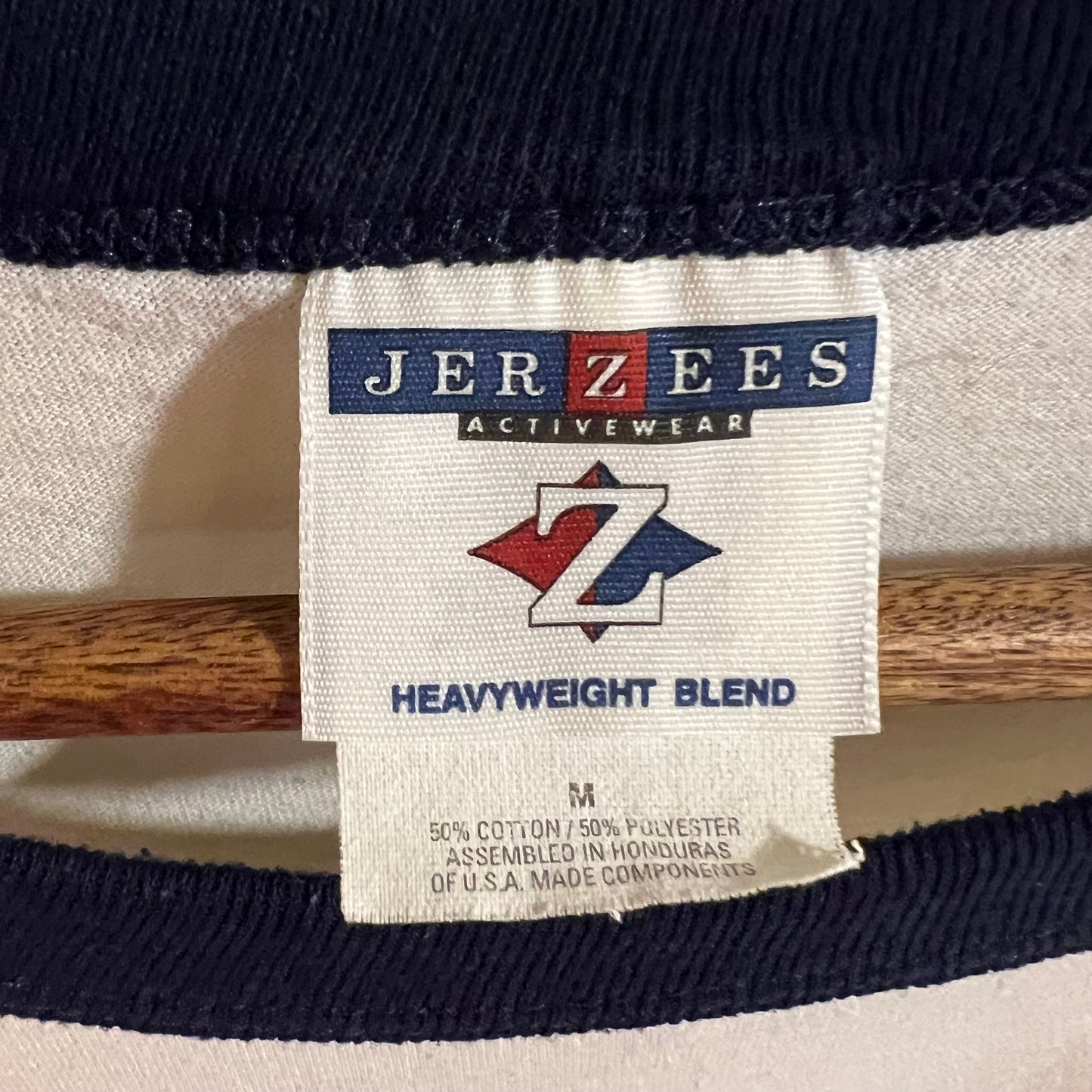 Vintage 90’s Jerzees Cottey College Duck Ringer T-Shirt - Size Medium - White/Navy