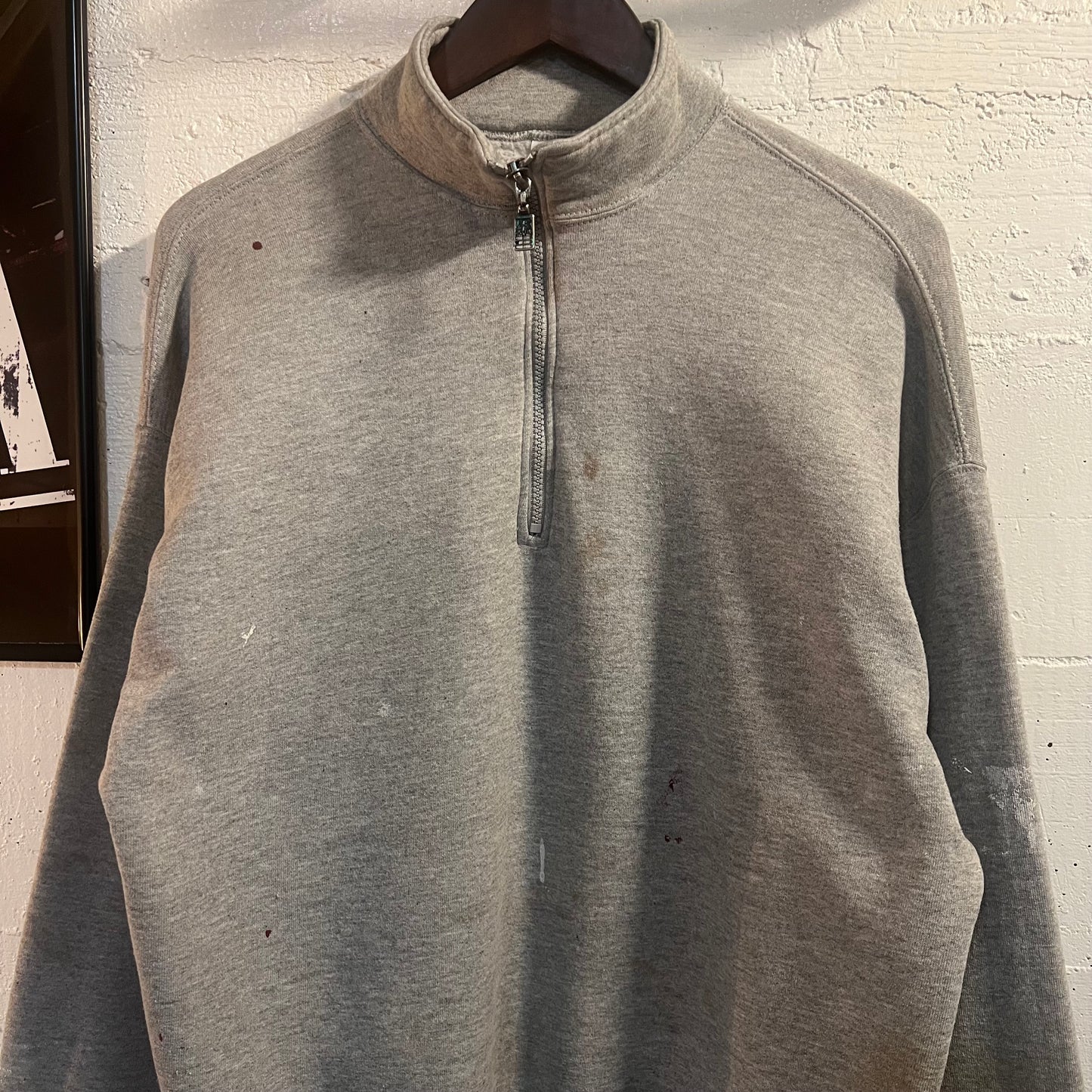 Vintage Russell Athletic Distressed Quarter Zip Sweatshirt - Made In USA - Size XL - Light Heather Grey