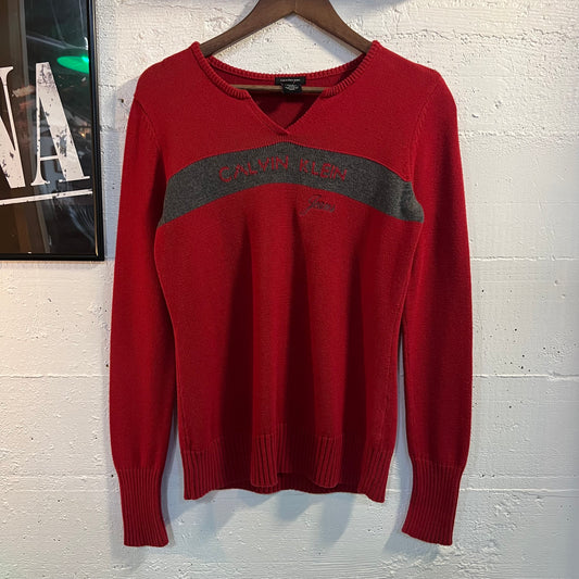 Vintage 2000's Calvin Klein Jeans Cotton Knit Colorblock Intarsia Logo Sweater - Size Small - Red/Grey