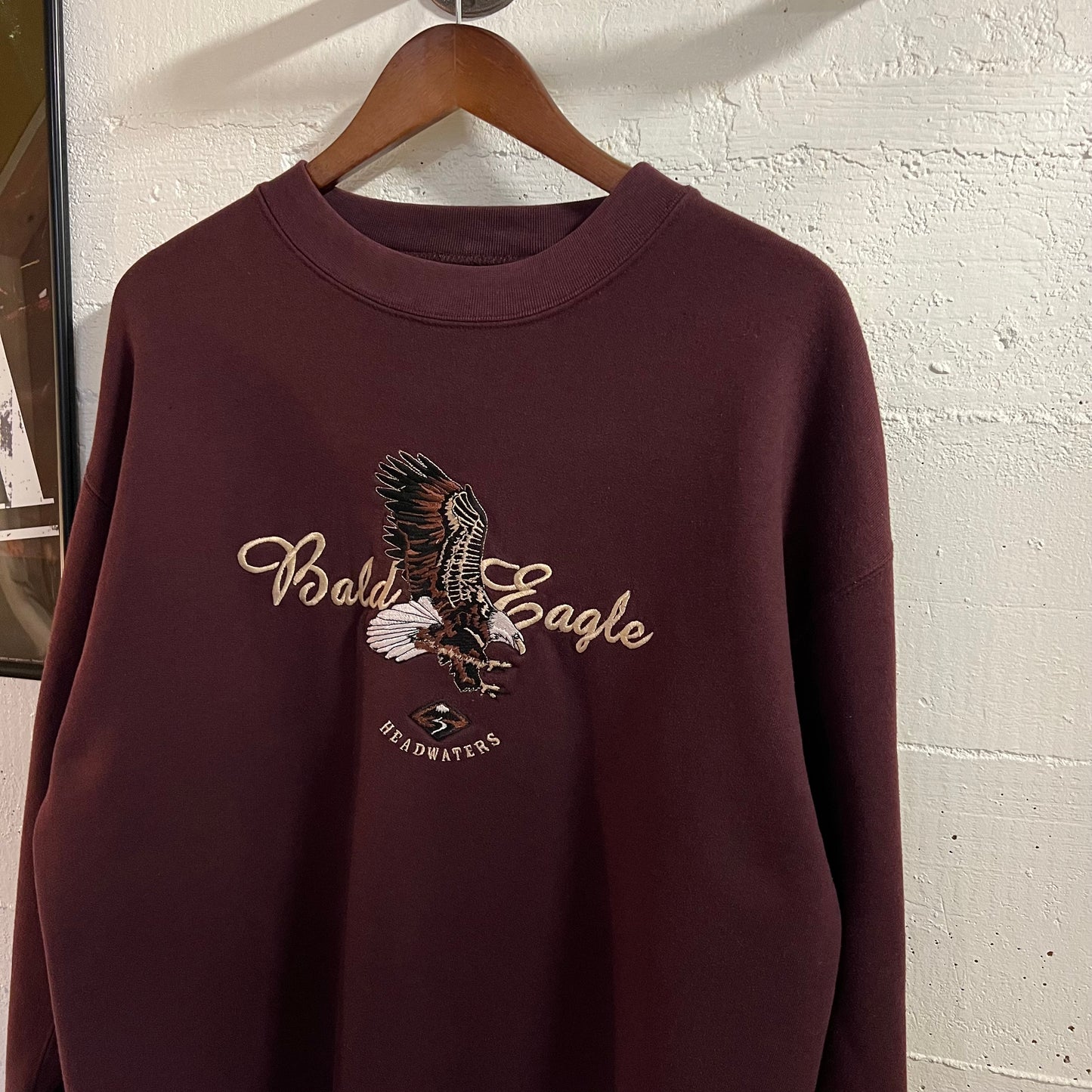 Vintage Embroidered Bald Eagle Headwaters Heavyweight Crewneck Sweatshirt - Size XL - Burgundy/Tan