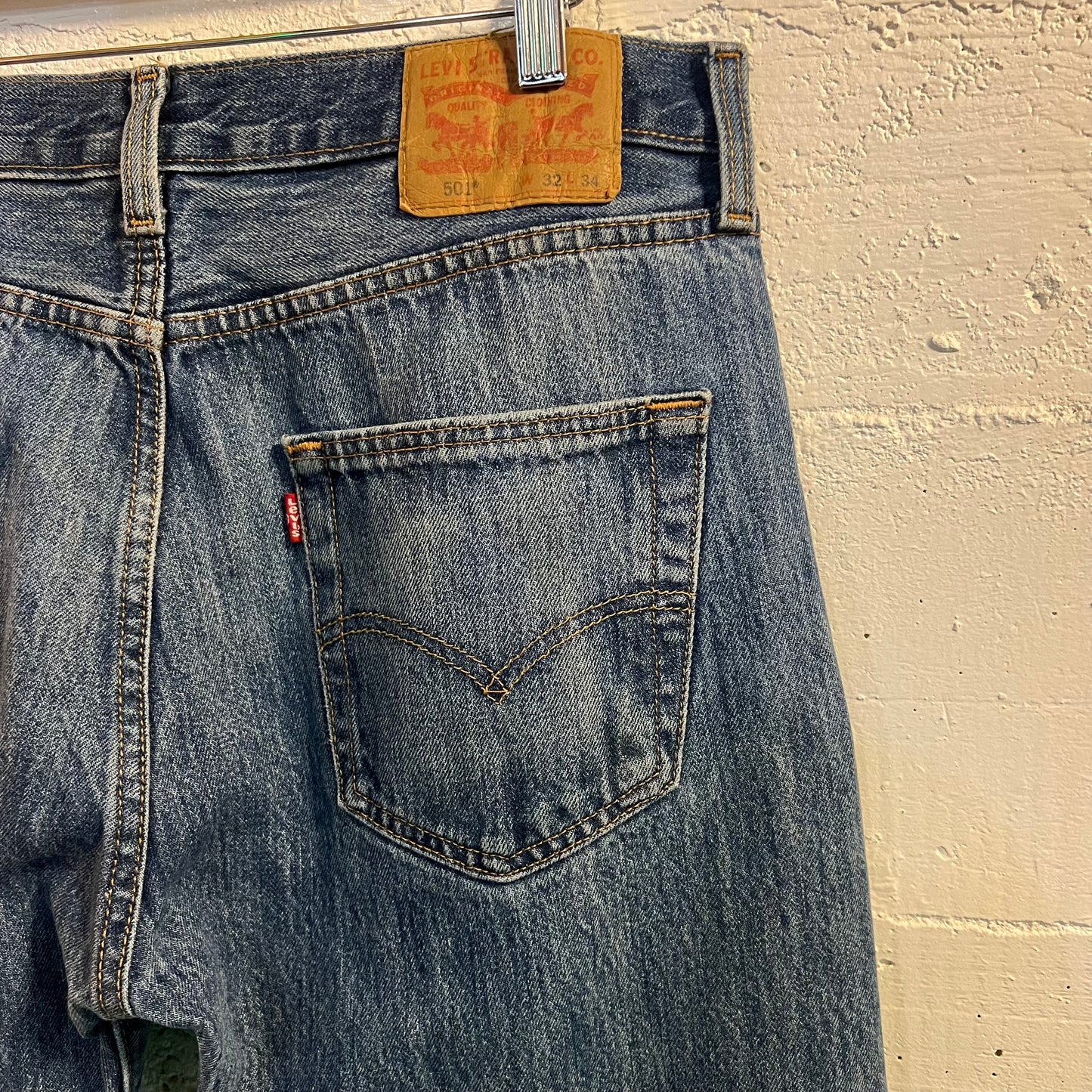 Distressed Levi's 501 Medium Stonewash Denim Jean - Size 32"x34" - Light Blue Indigo